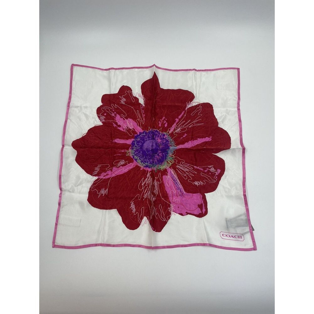 Coach Vintage 100% Silk Bandana Poppy Embroidered Red Pink 17" HTF Peace NWT